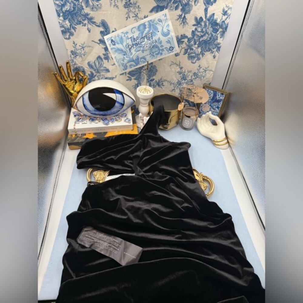 🆕 BCBGMAXAZRIA 🧿 NWOT Domenico Asymmetrical Black Velvet Dress, Sz M - Picture 10 of 16